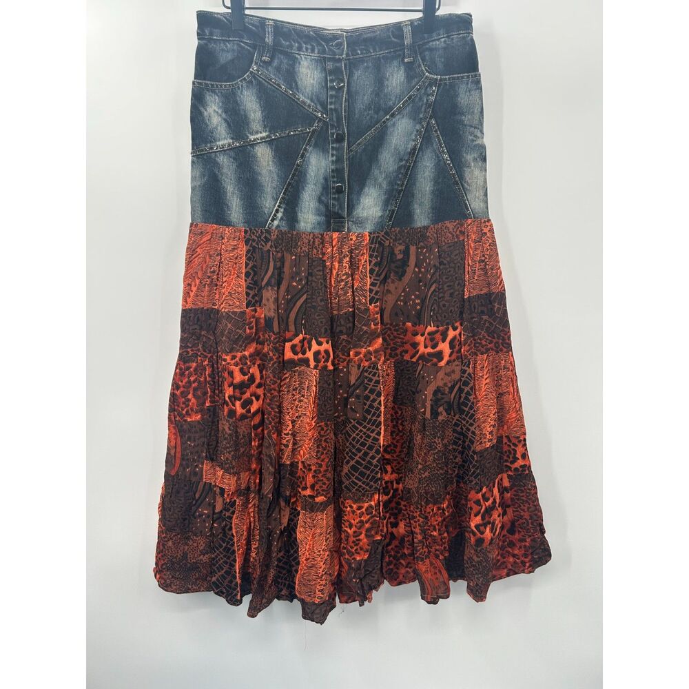 Women's Tiered Patchwork Denim Skirt Size 12 Jean Maxi Floral Boho Whimsigoth